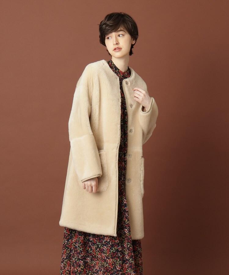 色移り有り トータリテ ノーカラー ムートン コート ベージュ ブラウン
