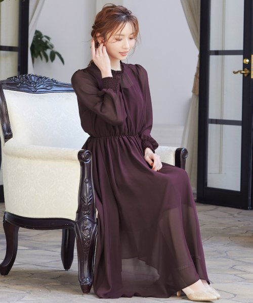 結婚式 ワンピース パーティードレス シンプル M L ゆったり 無地 マタニティ 妊婦 産前 産後 体型カバー ウエストゴム ミモレ丈 長袖 袖あり オケージ ニアナ Niana D Fashion