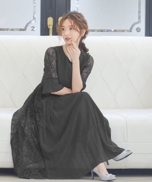 結婚式 ワンピース パーティードレス 花柄 プリーツ チュール ロング 総レース 透け感 ウエストゴム 低身長用 小さいさん バックリボン 小さいサイズ 7 ニアナ Niana D Fashion