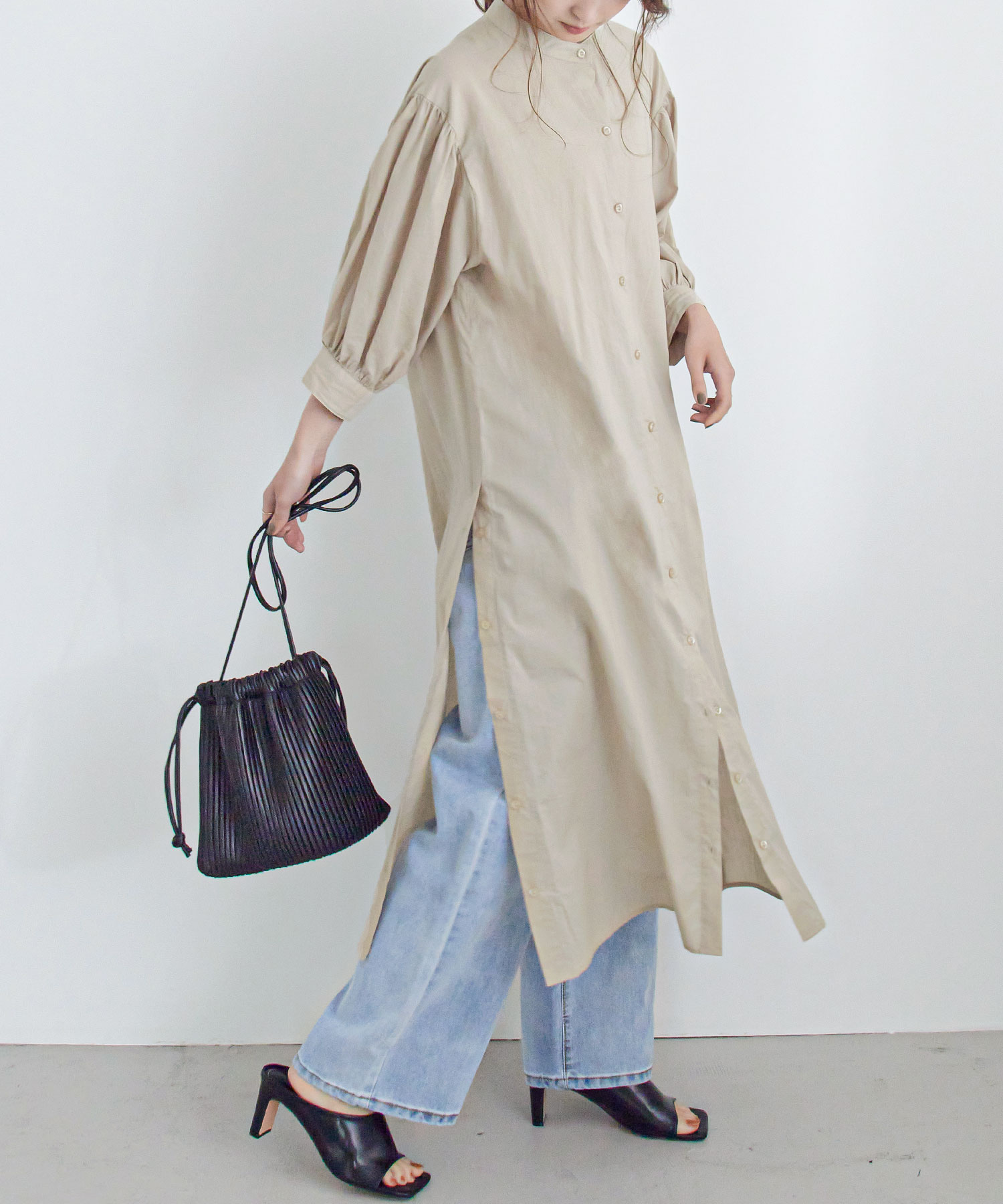 最大12%OFFクーポン BEIGE バンドカラー シャツワンピース ロング
