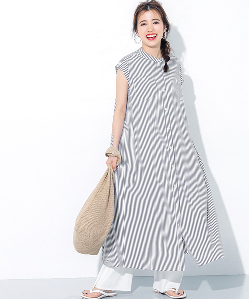セール 26%OFF】ストライプ柄フレンチスリーブシャツワンピース