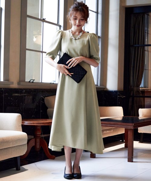 結婚式 ワンピース パーティードレス ロング シアー シンプル タックりスリーブ 無地 透け感 カジュアル ロング丈 ミモレ丈 シアー 袖 袖あり オケージョン