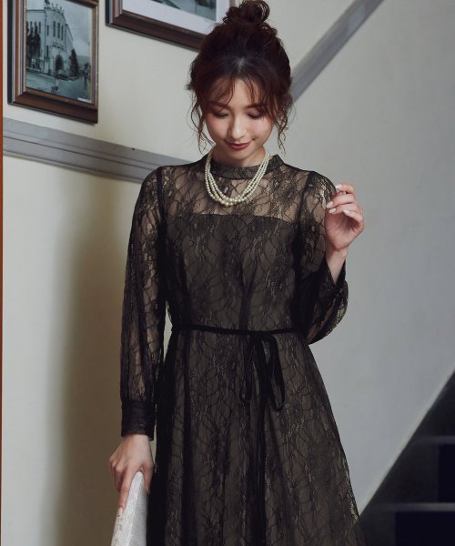 結婚式 ワンピース パーティードレス 花柄 レース ロング 総レース 透け感 リボン バックリボン カジュアル ロング丈 ミモレ丈 シアー 袖 袖あり オケージ ニアナ Niana D Fashion