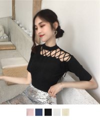 shoppinggo/ショッピングゴー shoppinggo ニットサマーニット ニット Tシャツ レディース トップス 半袖 薄手 レースアップ 肩出し 肩見せ 白 黒/504240638