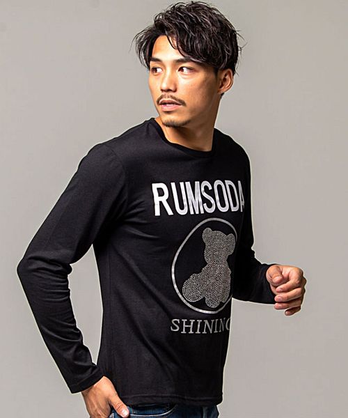 RUMSODA ラインストーンベアロゴプリントクルーネック長袖Tシャツ