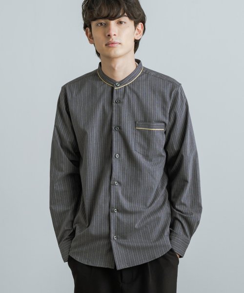 バンドカラーシャツ メンズ レディース 長袖 カジュアル ノーカラー スタンドカラー ゴールドパイピング ストレッチ ギフト プレゼント 伸縮性 ストライプ ジ ロッキーモンロー Rocky Monroe D Fashion