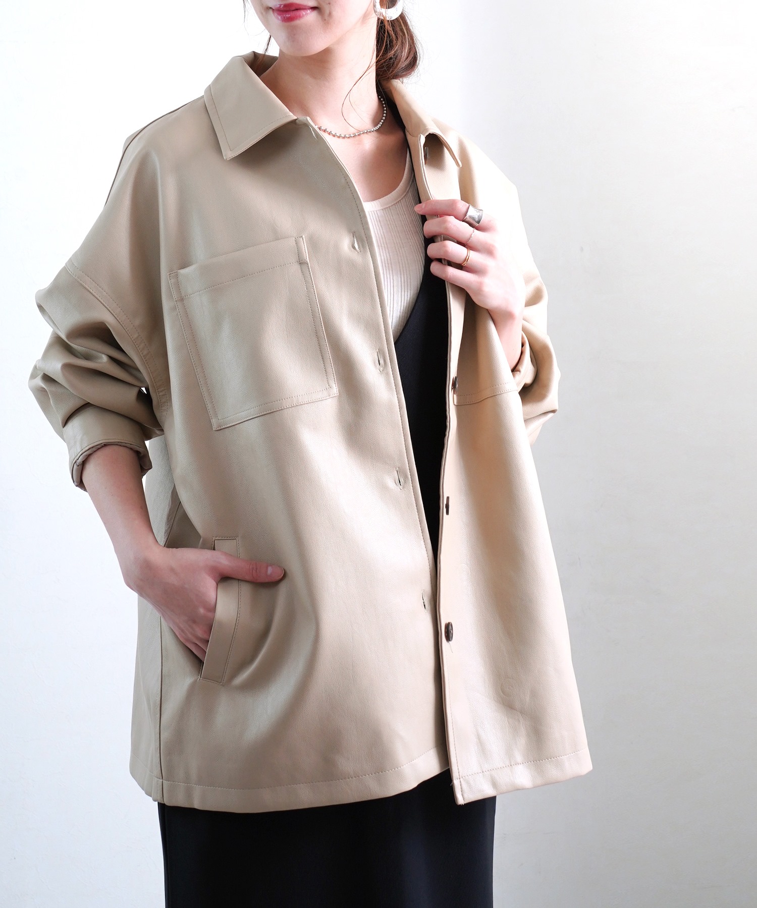 クーポン】【セール33%OFF】フェイクレザーシャツジャケット クーポン】【セール33%OFF】フェイクレザーシャツジャケット