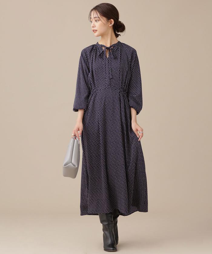 セール 30%OFF】幾何学ドット柄リボンタイワンピース 長袖