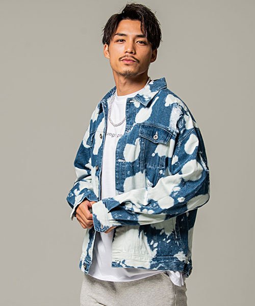 CavariA 抜染ダメージ加工長袖ビッグデニムジャケット メンズ Gジャン