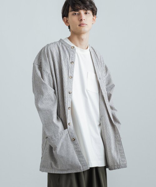 バンドカラーシャツ ガーデニングシャツ シャツコート ジャケット メンズ レディース コットン ヒッコリーストライプ ノーカラー スタンドカラー ビッグシルエッ ロッキーモンロー Rocky Monroe D Fashion