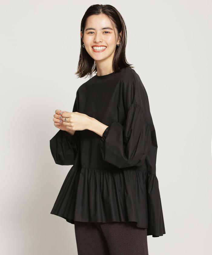 【再入荷】 セール】WEB限定/ペプラム切り替えチュニックブラウス 長袖 トップス