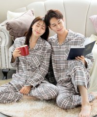 aimerfeel/【チェック・無地、あなたはどっち派？嬉しいセットアップ】綿100% ネルシャツ パジャマ 長袖 上下セット (男女兼用サイズ) / ルームウェア 前開き 部屋着/501358632