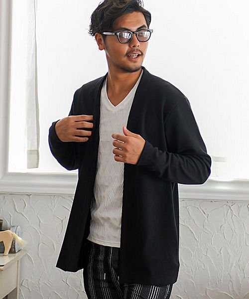 Cavaria ふくれジャガードノーカラー長袖カーディガン メンズ ロングカーディガン 無地 ブランド ノーカラー シンプル ポケット 秋 B キャバリア Cavaria D Fashion