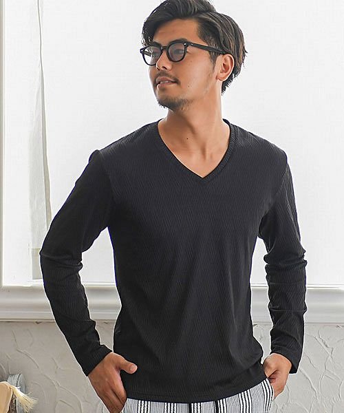 セール11 Off Cavaria ふくれバイヤス柄vネック長袖tシャツ メンズ ロンt バイアス柄 Vネック カットソー シンプル 総柄 トップスタイト 細身 上品 大人 カジュ キャバリア Cavaria D Fashion