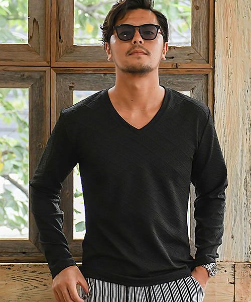 Cavaria ブロックダイヤ柄vネック長袖tシャツ メンズ ブランド ロンt 大人 カジュアル 長袖 ファッション トップス カットソー インナー Vネック キャバリア Cavaria D Fashion