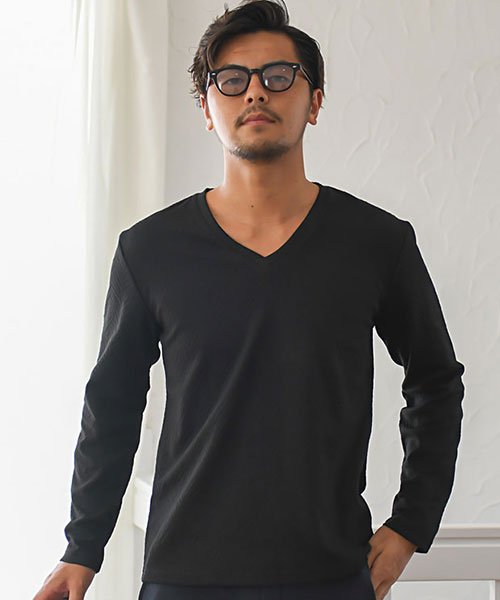 Cavaria ブロックダイヤ柄vネック長袖tシャツメンズトップス カットソー インナー ロンt Vネック ブロック 細身 タイト ストレッチ 秋 冬 B キャバリア Cavaria D Fashion