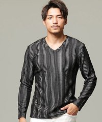 CavariA/CavariA ふくれストライプ柄Vネック長袖Tシャツ メンズ 長袖 トップス カットソー インナー ロンT Vネック 細身 タイト ストレッチ カジュアル き/504341699