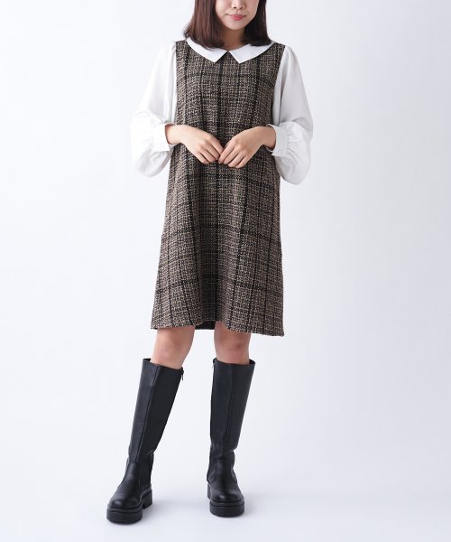 セール ファンシーツイード異素材袖ワンピース オリーブデオリーブ Olive Des Olive D Fashion