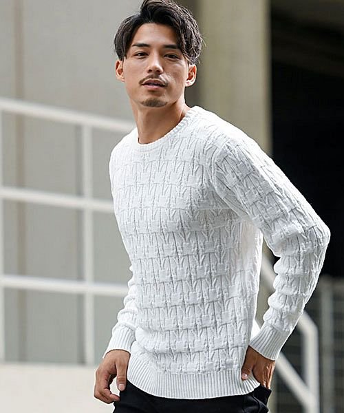 クーポン Cavaria 柄込みクルーネック長袖コットンジャガードニット メンズ 秋 冬 ニット メンズ ニットセーター クルーネック オシャレ 30代 C キャバリア Cavaria D Fashion