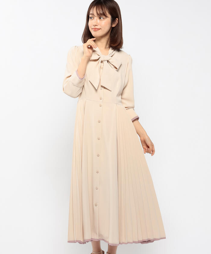 いしミューズ■ ボウタイプリーツワンピース ■ベージュ■38 セール 52%OFF】ミッシュマッシュ MISCH MASCH 脇プリーツ
