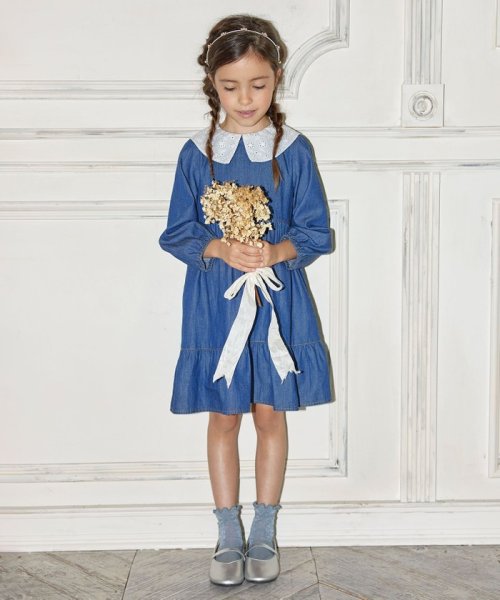 セール 50%OFF】【110-140cm】ビックカラー付き デニムワンピース