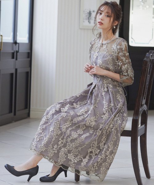 結婚式 ワンピース パーティードレス 刺繍 レース ロング 総レース リボン 小さいサイズ バックリボン パワーショルダー ボリューム袖 ロング丈 ミモレ丈 袖 ニアナ Niana D Fashion