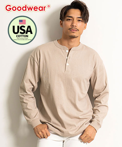 セール】Goodwear USAコットンヘンリーネック長袖Tシャツ メンズ ロンT