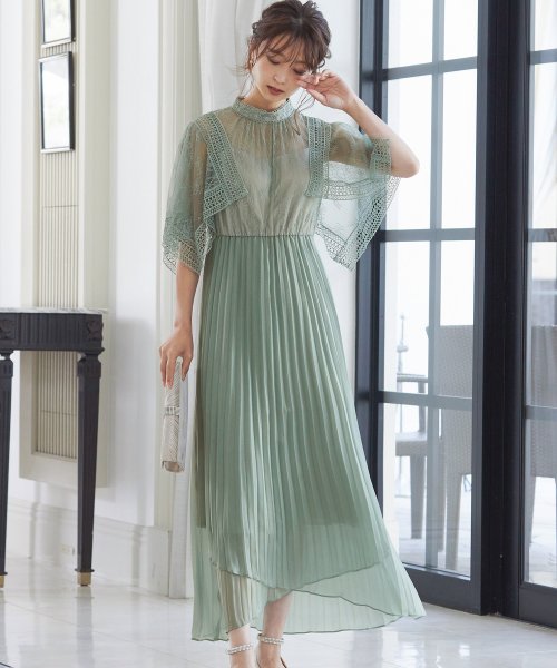 結婚式 ワンピース パーティードレス レース オーガンジー プリーツ ハンカチレース ロング 総レース シアー 透け感 ウエストゴム 5分袖 袖あり オケージョ ニアナ Niana D Fashion