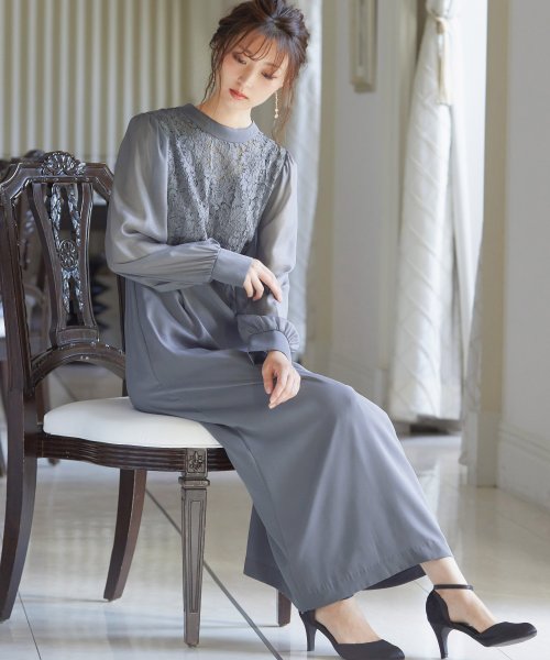 結婚式 ワンピース パーティードレス レース ハイネック シンプル コクーン レトロ クラシカル キャミ ビスチェ レイヤード ロング 透け感 長袖 袖あり オ ニアナ Niana D Fashion