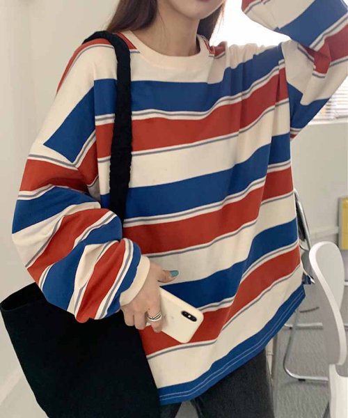 ボーダーtシャツ レディース プルオーバー 韓国 ファッション トップス スウェット トレーナー 長袖 配色 ボーダー ゆったり ショッピングゴー Shoppinggo D Fashion