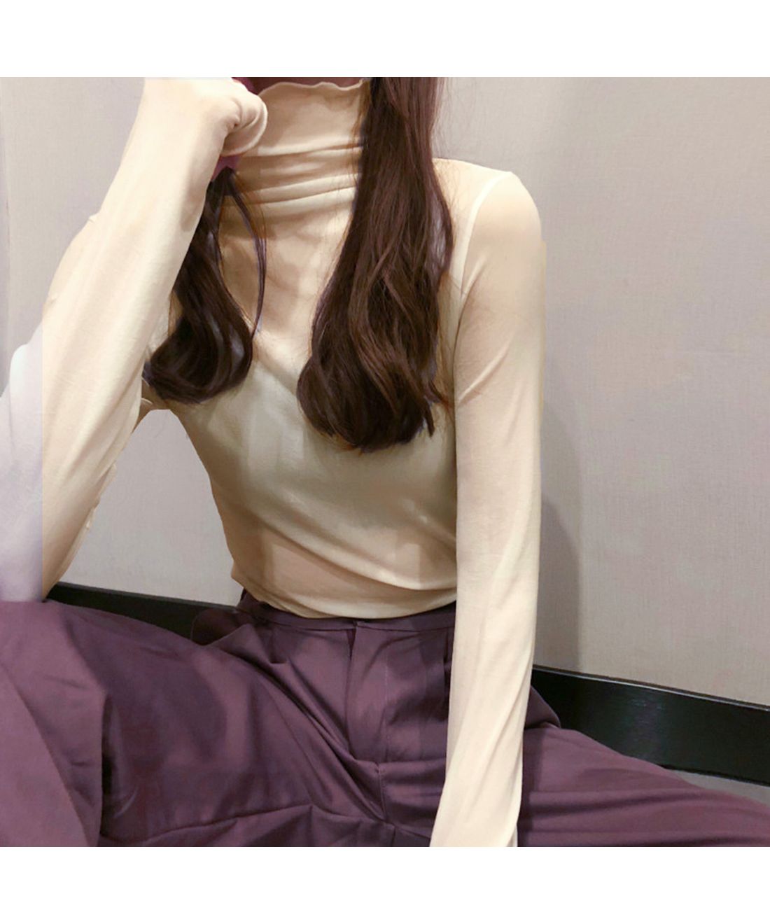 セール14%OFF】ハイネックシアーカットソー 韓国ファッション