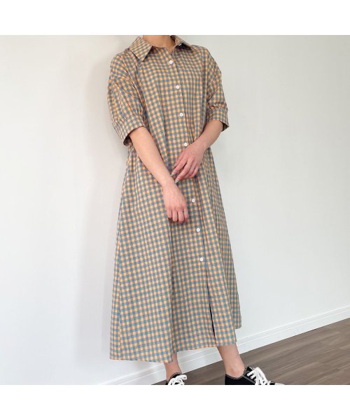 クーポン ギンガムチェックコットンロングシャツワンピース 韓国ファッション ジュノア Junoah D Fashion