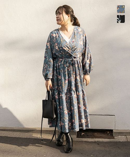 フロントカシュクール花柄ティアードワンピース(504438575) | クレット(大きいサイズ)(clette) - d fashion