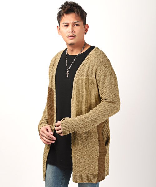 パッチワークセミロングカーディガン カーディガン メンズ ロングカーディガン パッチワーク ボタンレス ラグスタイル Luxstyle D Fashion