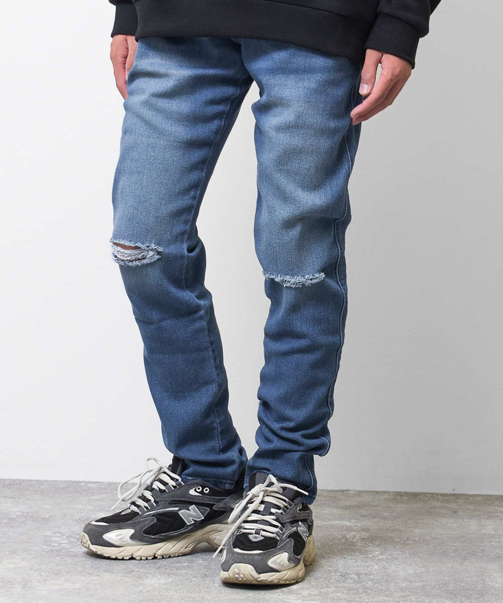 【セール10%OFF】デニムクラッシュ加工スリムストレートパンツ