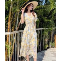 TeddyShop/テディショップ Teddyshop レディース Vネック花柄ウエスト絞りふんわりロングワンピース/504457055