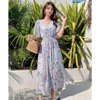 TeddyShop/テディショップ Teddyshop レディース Vネック花柄ウエスト絞りふんわりロングワンピース/504457055