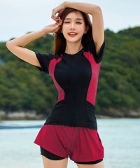TeddyShop/テディショップ Teddyshop レディース水着 レイヤード風メッシュバイカラー半袖トップス+パンツ+スイムキャップ 3点セット/504456935