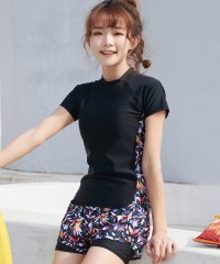 TeddyShop/テディショップ Teddyshop レディース水着 ブラックボタニカル柄トップス+レイヤード風ショートパンツ+スイムキャップ 3点セット/504456936