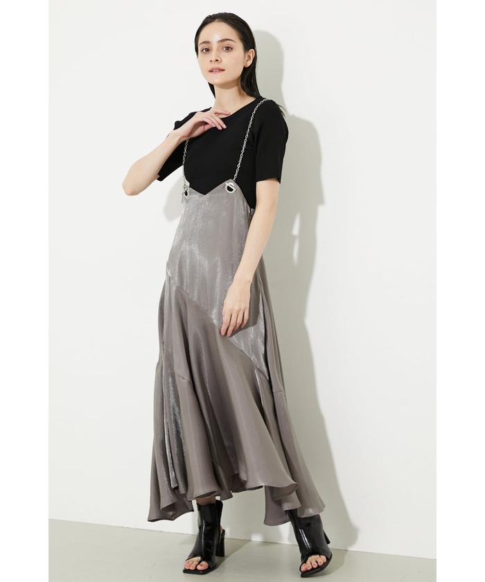 美品　rienda チェーンサスペンダーグロスフレアスカート ブラック　FREE 美品 rienda チェーンサスペンダーグロスフレアスカート
