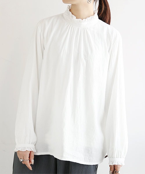 クーポン】【セール13%OFF】フリルネックコットンワイドブラウス【M-L