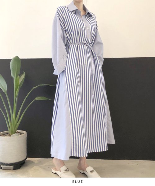 セール シャツワンピース ワンピース シャツ 切替 ストライプ柄 スキッパーシャツ ロングワンピース 韓国 ファッション 切替ストライプシャツ ワンピース フューティアランド Futier Land D Fashion