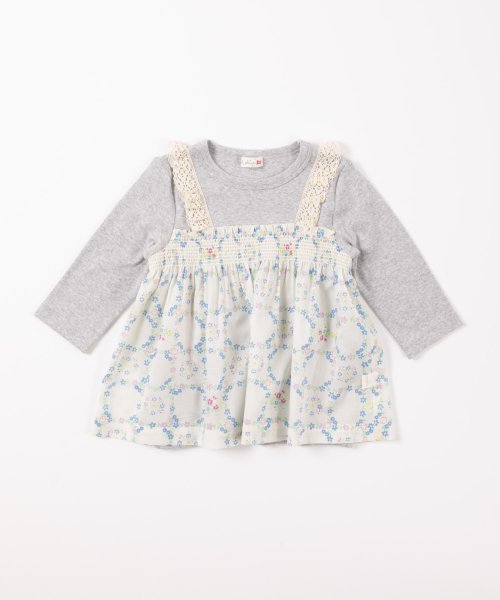 KP(ケーピー)ローン小花プリントとフライス(ストレッチ)レイヤード風7分袖Tシャツ(140－150cm)