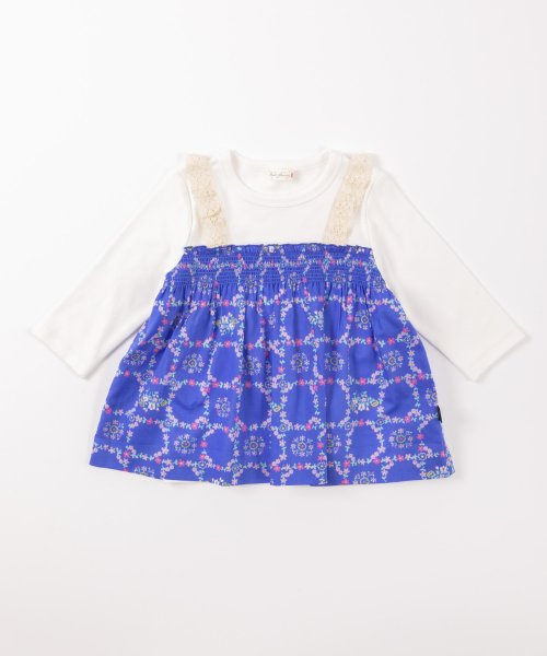 KP(ケーピー)ローン小花プリントとフライス(ストレッチ)レイヤード風7分袖Tシャツ(140-150cm)