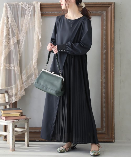 異素材プリーツ切替アシメワンピース オシャレウォーカー Osharewalker D Fashion