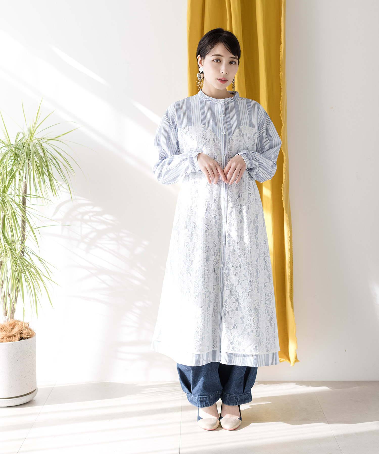 袖蝶刺繍ストライプ×レースシャツワンピース(504514117) | イズ