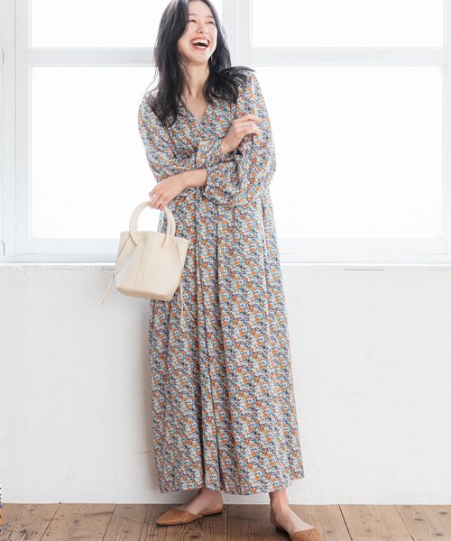 Vネック花柄ゆったりワンピース コカ Coca D Fashion