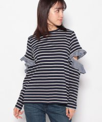 TRANS CONTINENTS WOMENS/（CLU）17CLT338 OPEN SLEEVE STRIPED TOP WITH RUFFLED/504492268