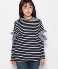 TRANS CONTINENTS WOMENS/（CLU）17FCLT338 OPEN SLEEVE STRIPE TOP WITH RUFFLED/504492269