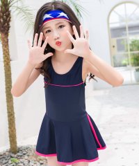 TeddyShop/テディショップ Teddyshop キッズ水着 ライン柄オールインワンフレアワンピーススイムウェア+スイムキャップ 2点セット【返品不可商品】/504522818